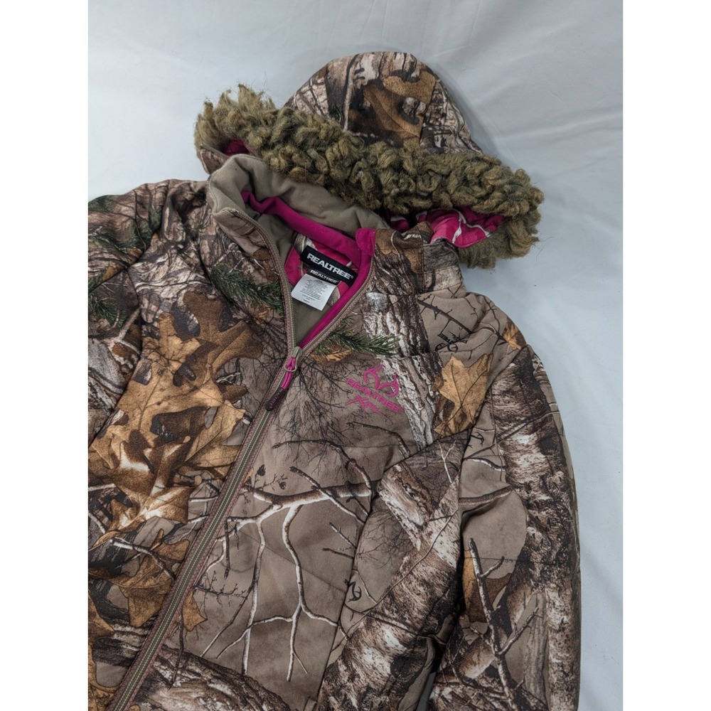 Realtree Jacket Womens Medium Camo Hooded Puffer Pink Fleece Lined Outdoors Coat
